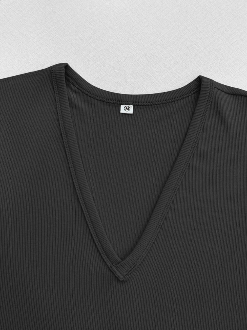 Women's Black Ribbed Casual Knit Slim Fit Summer Short Sleeve T Shirt Cap V Neck - Picture 4 of 6